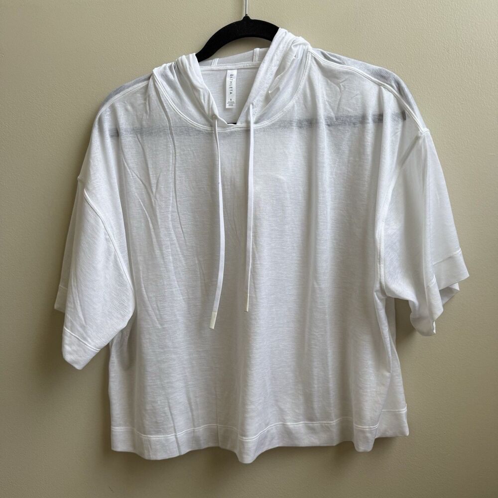 Athleta White Vapor Hooded Cropped Lightweight Semi Sheer Relaxed White Top Sz S